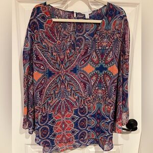 BOUTIQUE Sz 2X Flutter Sleeve Layered Split Back Paisley Blouse Flowing